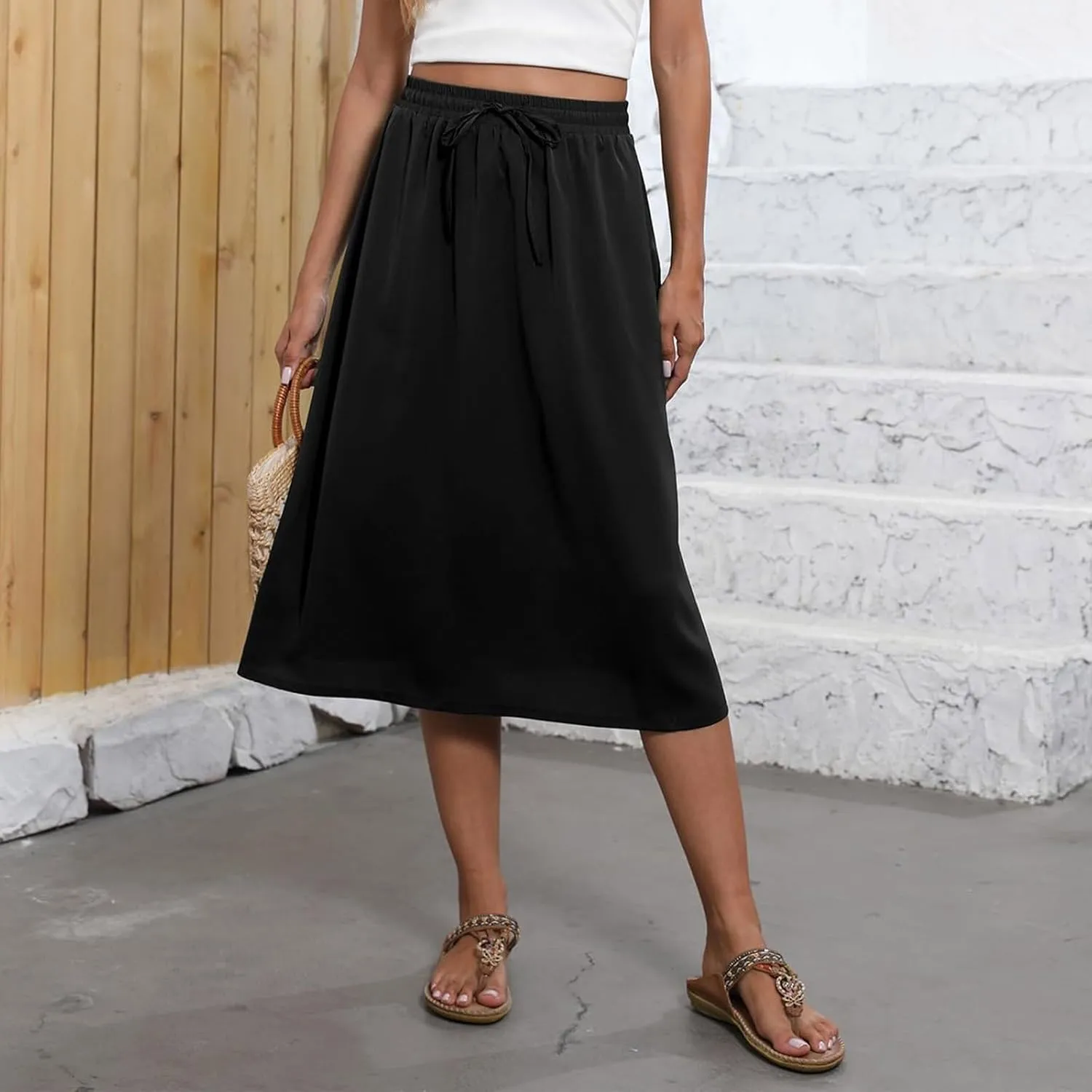 Women's Flowy Skirt Summer Casual Loose Trendy Elastic High Waist Floral Print Bohemian Sun Beach Maxi Skirts