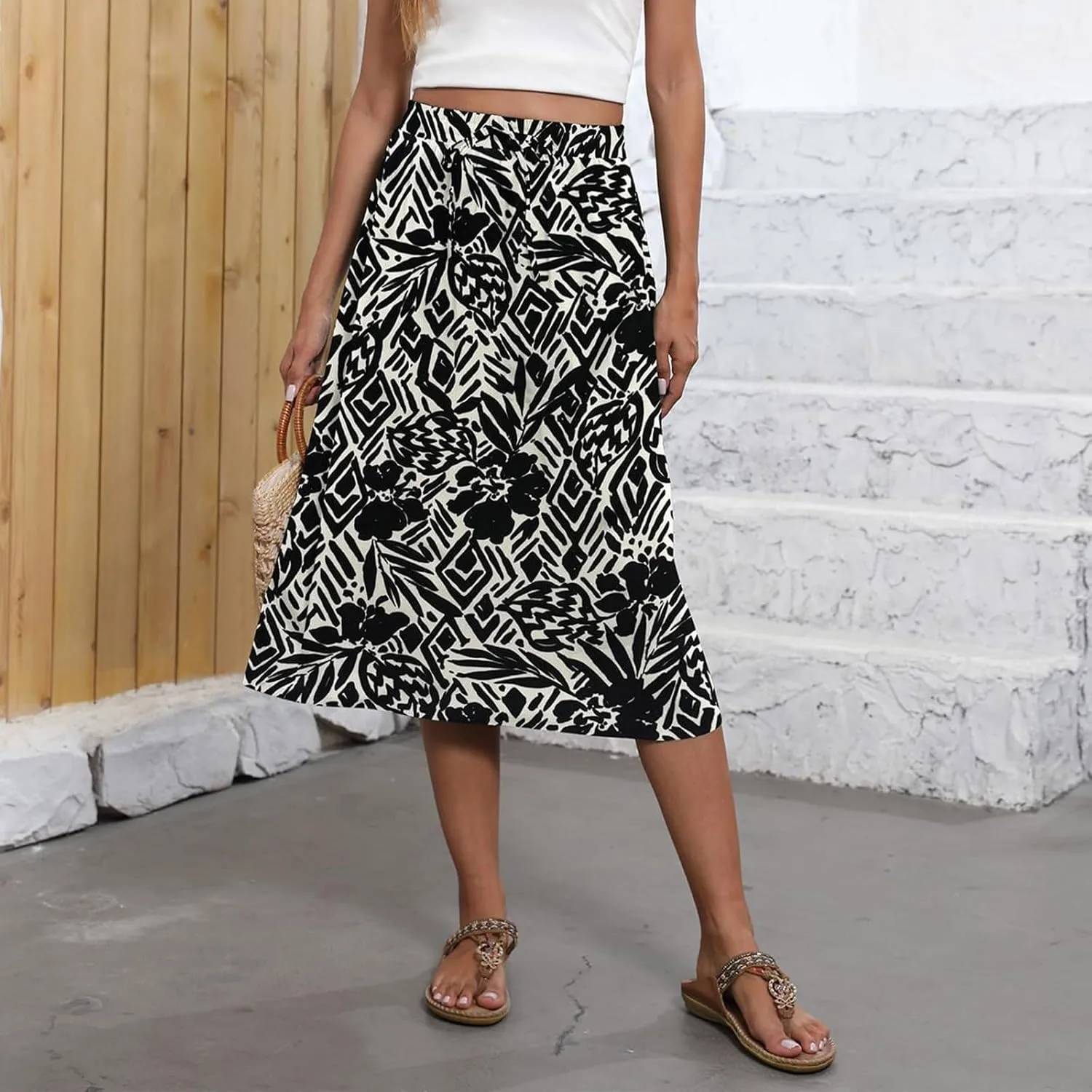 Women's Flowy Skirt Summer Casual Loose Trendy Elastic High Waist Floral Print Bohemian Sun Beach Maxi Skirts