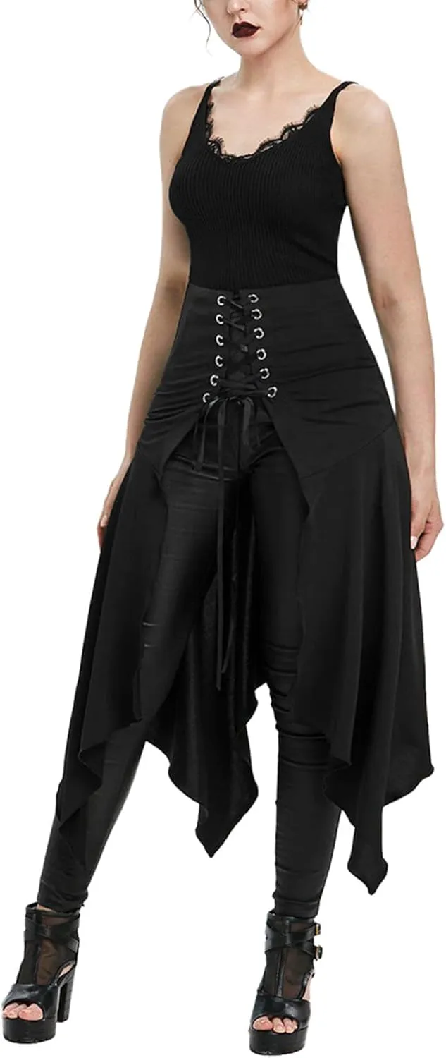Women's Gothic Skirts Cutout Lace Up Skirt Asymmetrical Goth Skirts High Waist Pleated Skirt High Low Ruffle Skirts