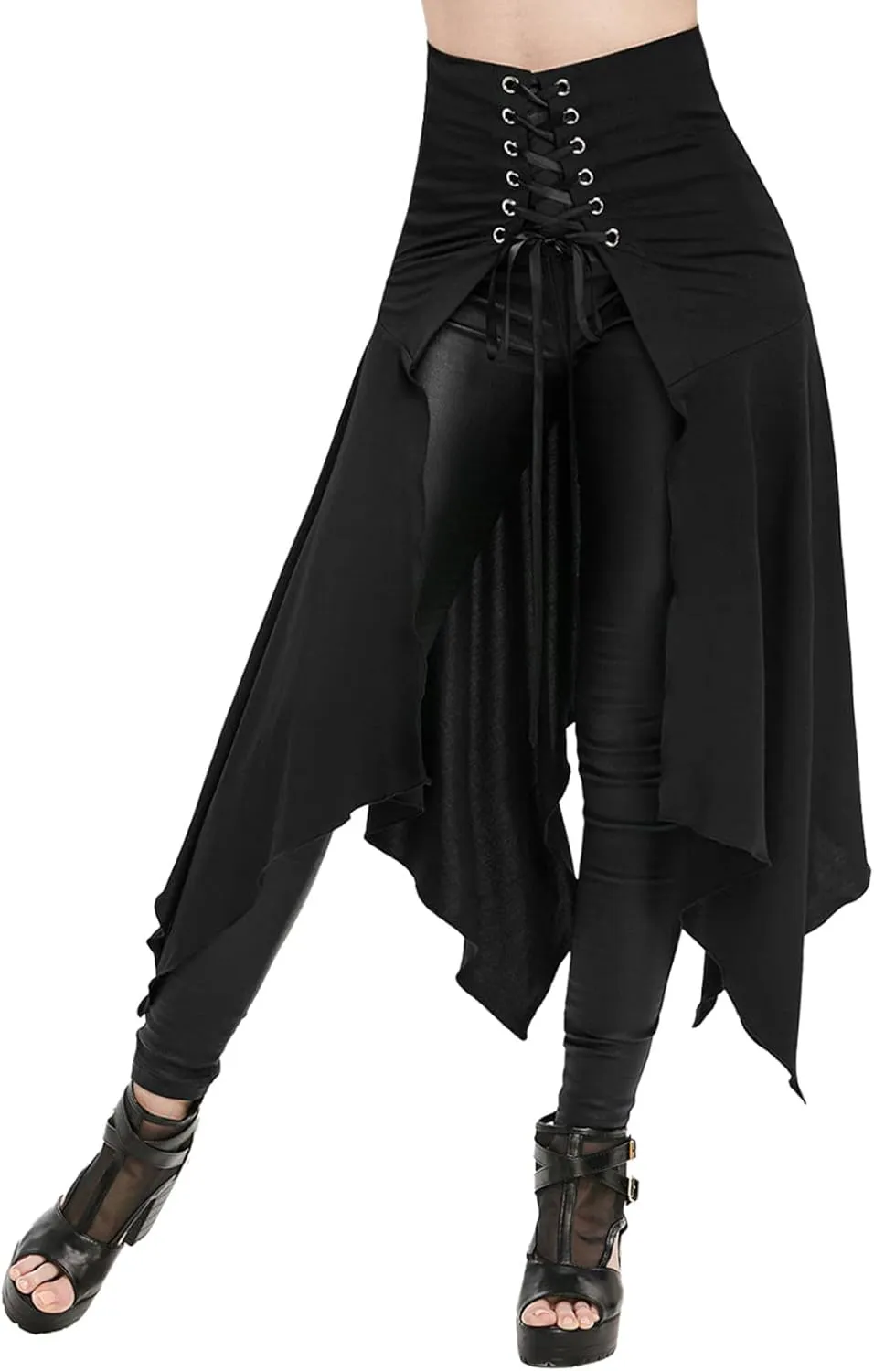 Women's Gothic Skirts Cutout Lace Up Skirt Asymmetrical Goth Skirts High Waist Pleated Skirt High Low Ruffle Skirts