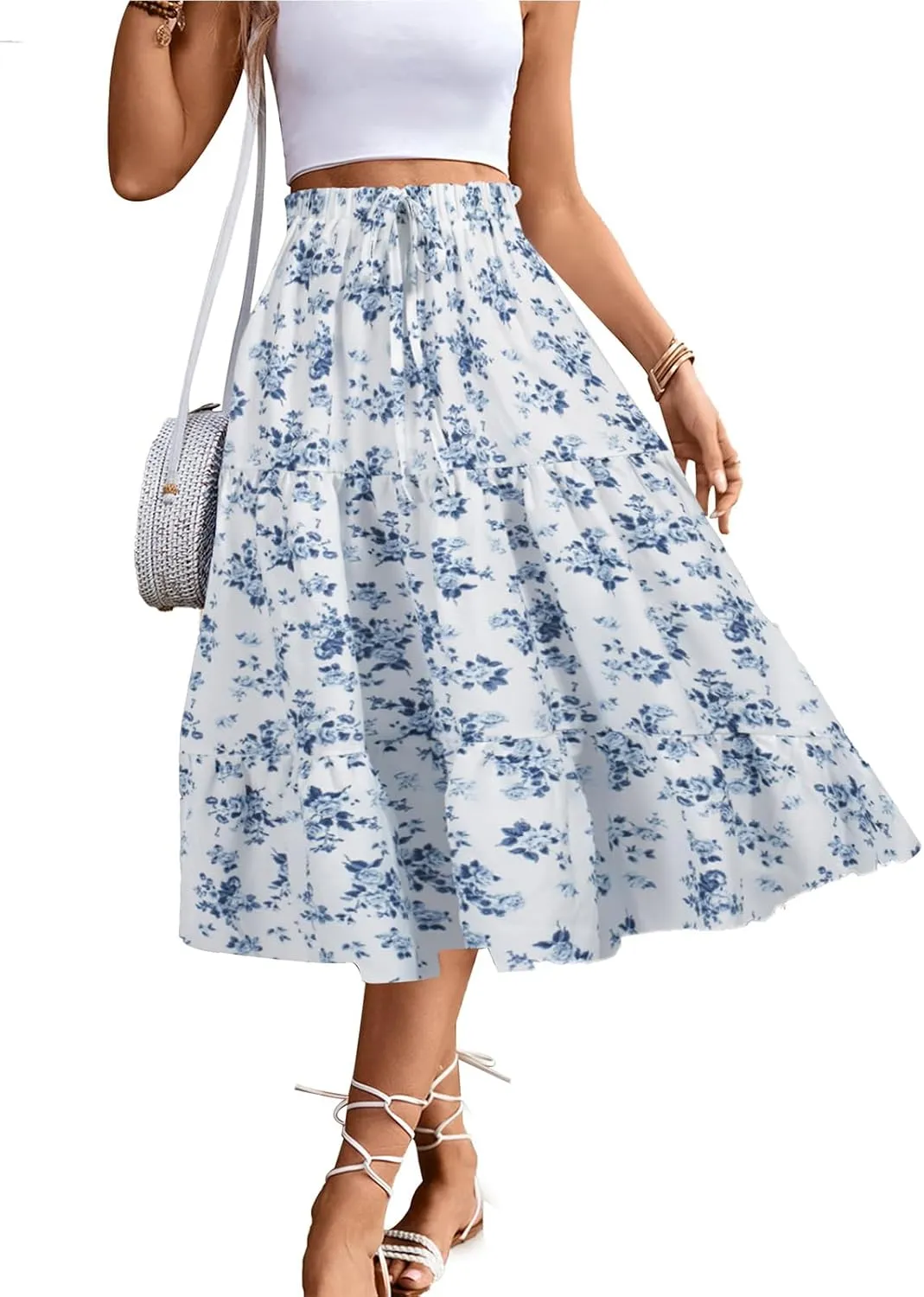 Women's High Elastic Waist Midi Skirt Casual Summer Trendy Tie Front Flowy Ruffle Floral Print A line Skirts 626