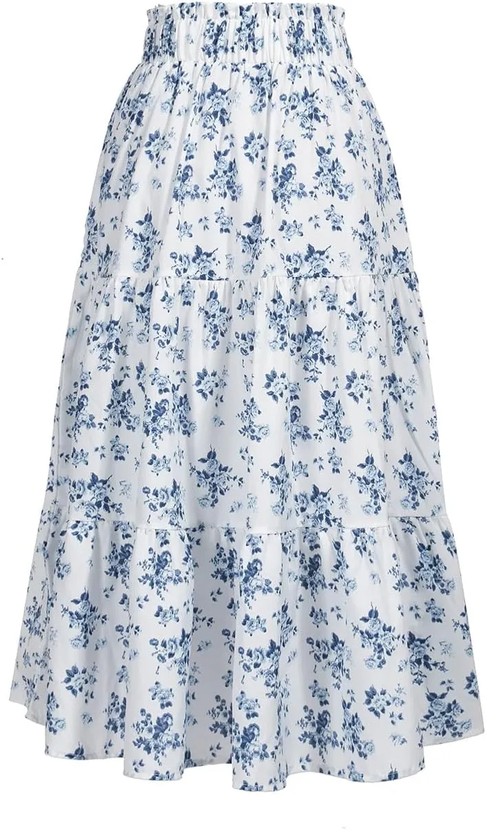 Women's High Elastic Waist Midi Skirt Casual Summer Trendy Tie Front Flowy Ruffle Floral Print A line Skirts 626