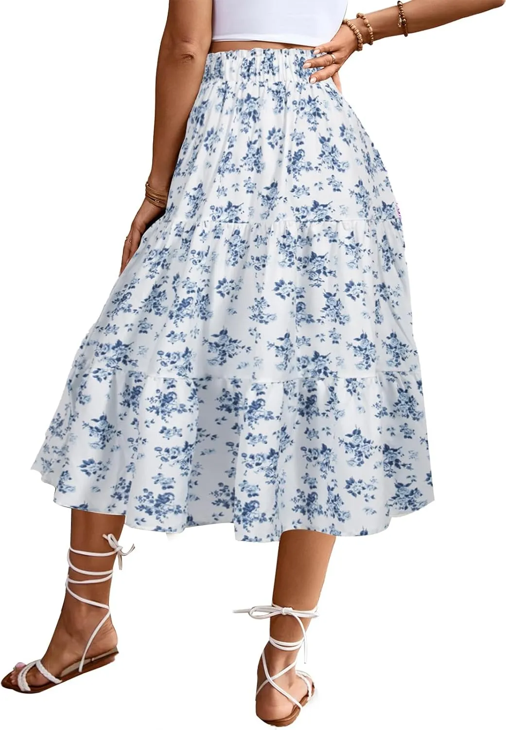 Women's High Elastic Waist Midi Skirt Casual Summer Trendy Tie Front Flowy Ruffle Floral Print A line Skirts 626