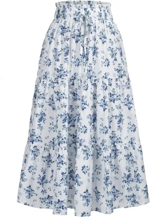 Women's High Elastic Waist Midi Skirt Casual Summer Trendy Tie Front Flowy Ruffle Floral Print A line Skirts 626