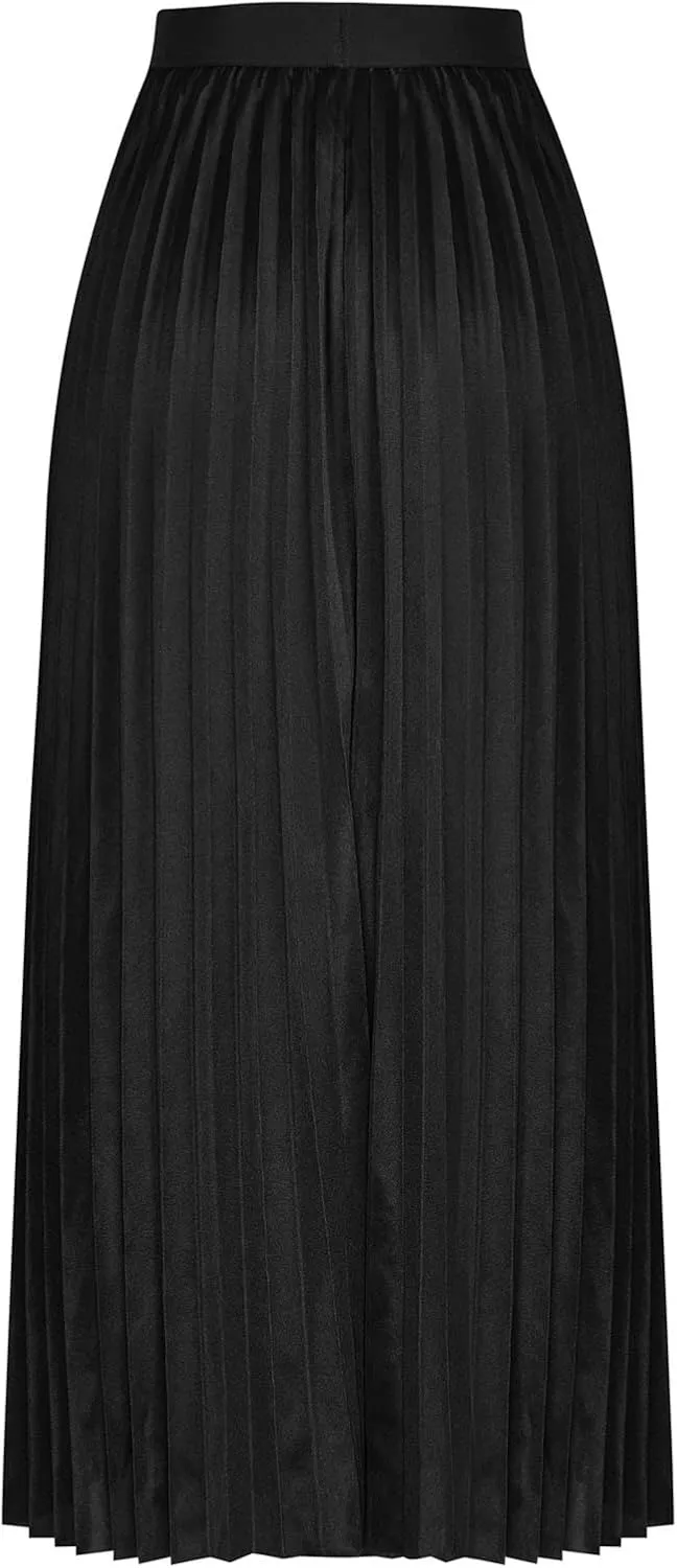 Women's High Waist Pleated A-Line Swing Skirt Solid Color Midi Long Shirring Skirts Summer Beach Flowy Skirt Dress