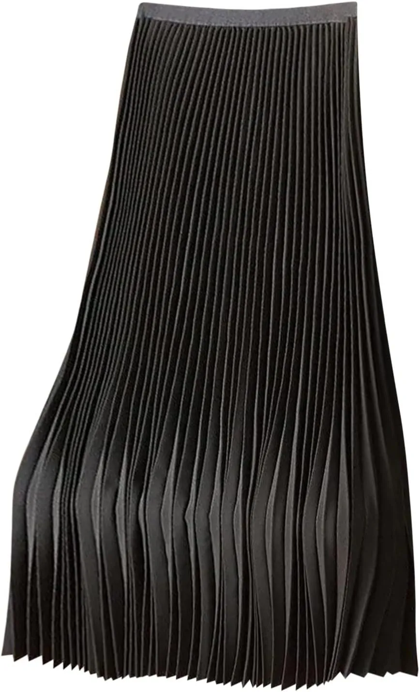 Women's High Waist Pleated A-Line Swing Skirt Solid Color Midi Long Shirring Skirts Summer Beach Flowy Skirt Dress