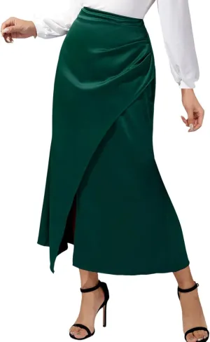 Women's High Waisted Satin Pleated Slit Long Skirt European and Solid Color Long Jean Skirts with Waist Control