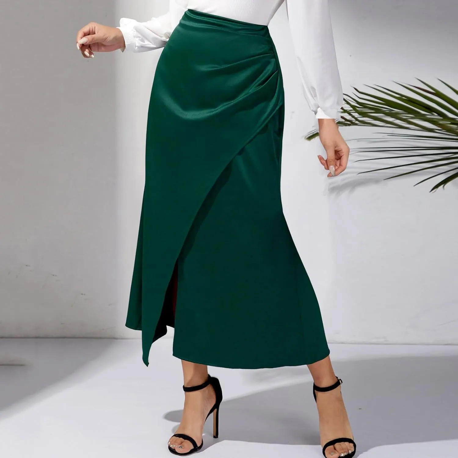 Women's High Waisted Satin Pleated Slit Long Skirt European and Solid Color Long Jean Skirts with Waist Control