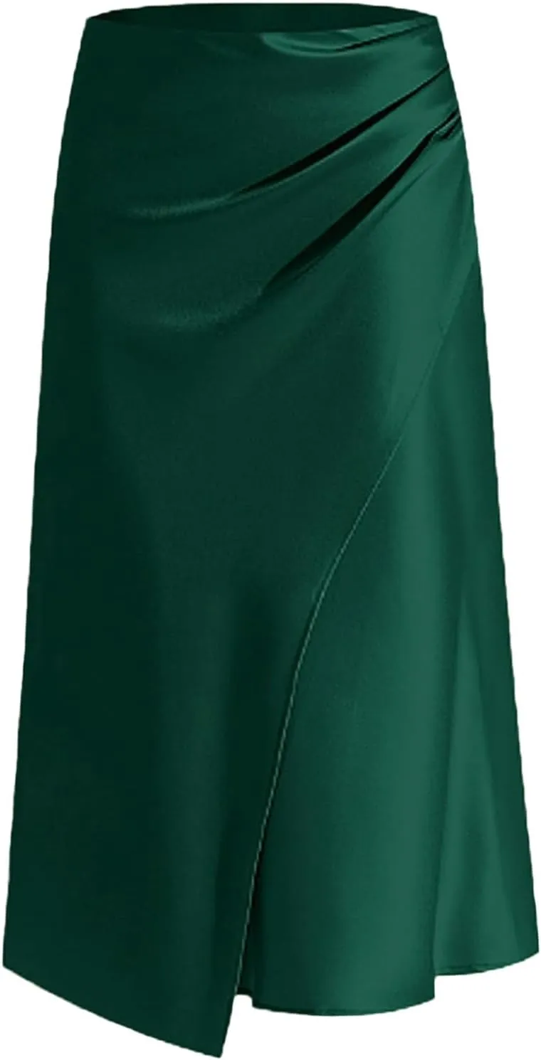 Women's High Waisted Satin Pleated Slit Long Skirt European and Solid Color Long Jean Skirts with Waist Control