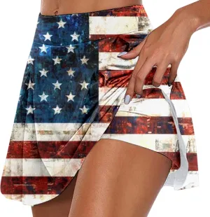 Womens Independence Day Tennis Skirt with Pockets Inner Shorts Yoga Sport Active Skirt Shorts for Running