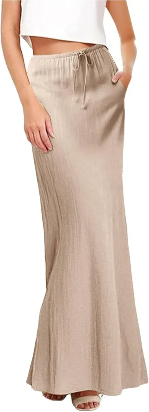 Womens Linen Casual Midi Skirts Women High Waisted Drawstring Flowy Long Skirt Solid Pencil Skirt for Women