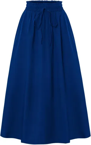 Women's Linen Skirts Knee Length Midi Skirt Summer Drawstring High Waisted Boho Skirt Smocked Aline with Pockets