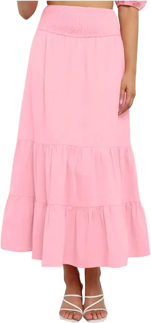 Womens Long Maxi Skirts 2025 Trendy Flowy Swing Tiered A-Line Skirt Summer Elastic High Waist Solid Boho Beach Outfit