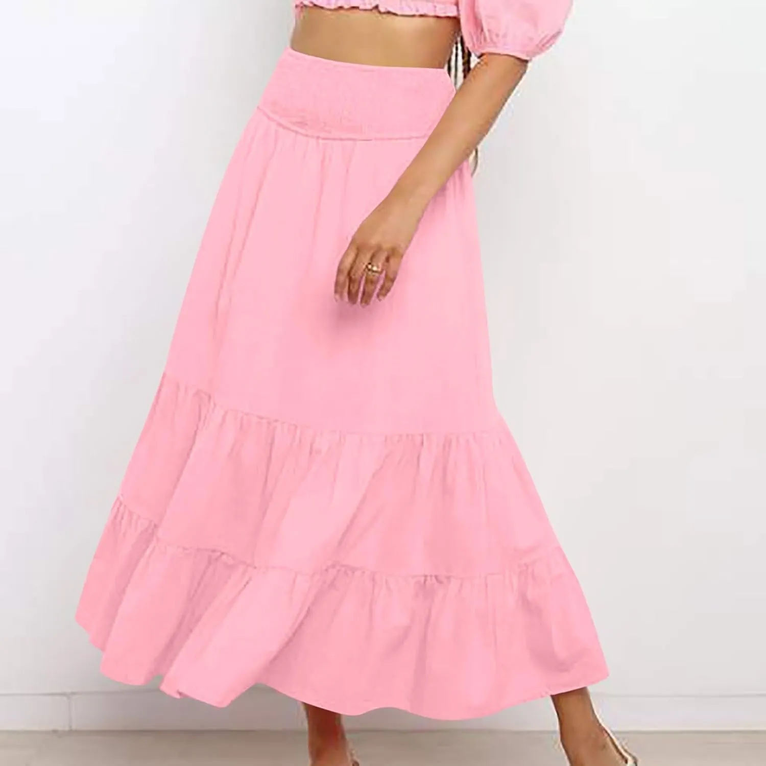 Womens Long Maxi Skirts 2025 Trendy Flowy Swing Tiered A-Line Skirt Summer Elastic High Waist Solid Boho Beach Outfit