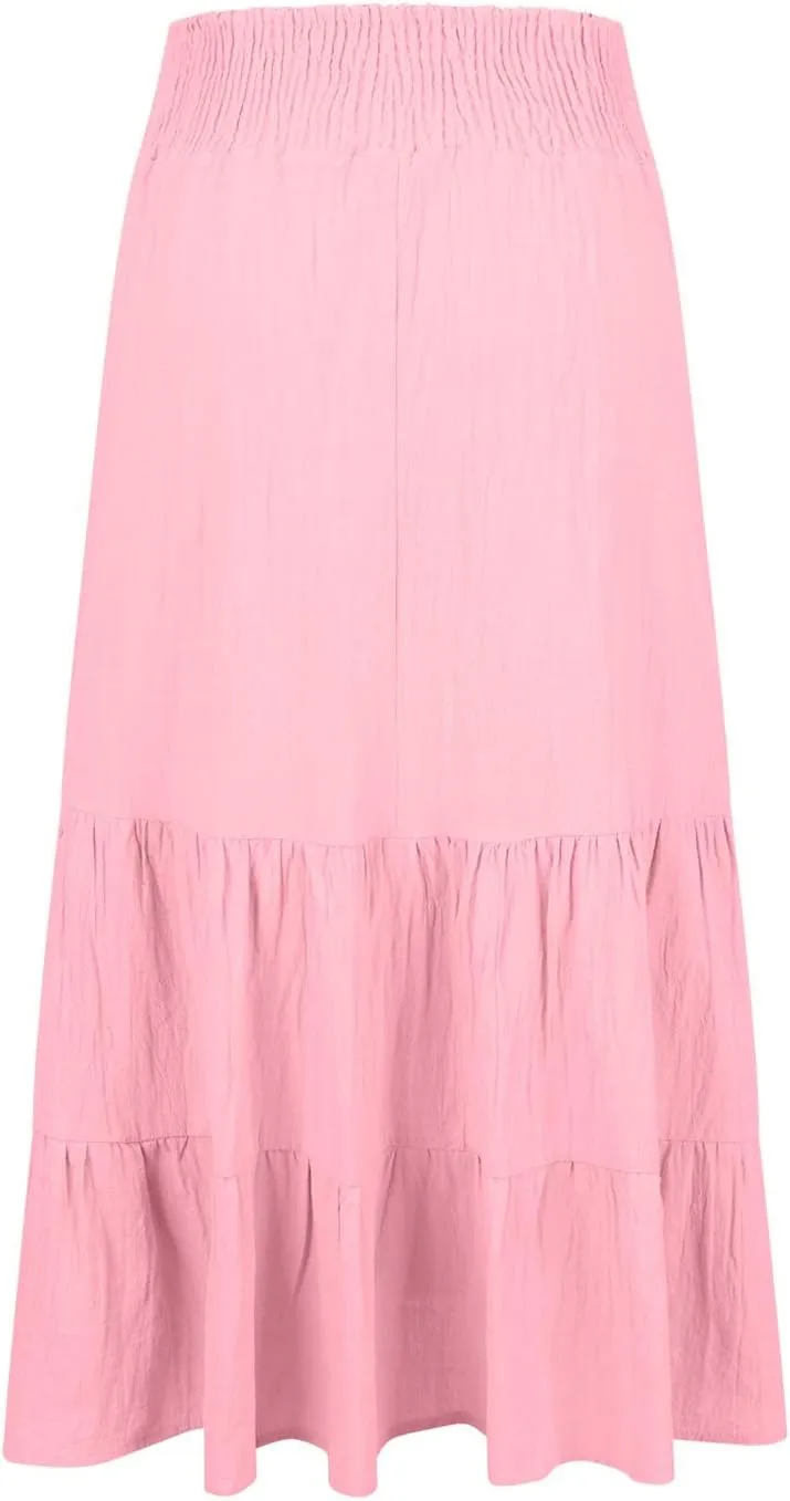 Womens Long Maxi Skirts 2025 Trendy Flowy Swing Tiered A-Line Skirt Summer Elastic High Waist Solid Boho Beach Outfit