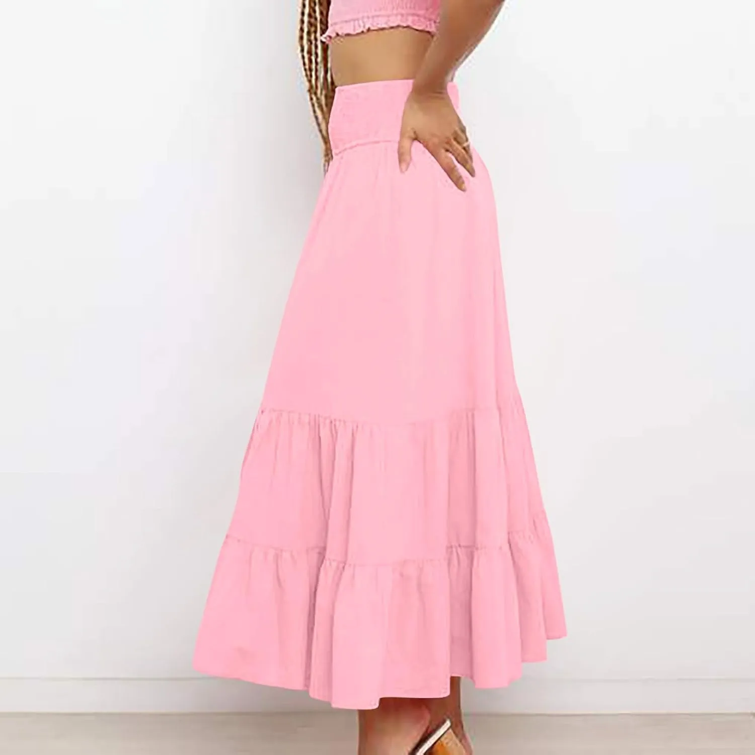 Womens Long Maxi Skirts 2025 Trendy Flowy Swing Tiered A-Line Skirt Summer Elastic High Waist Solid Boho Beach Outfit