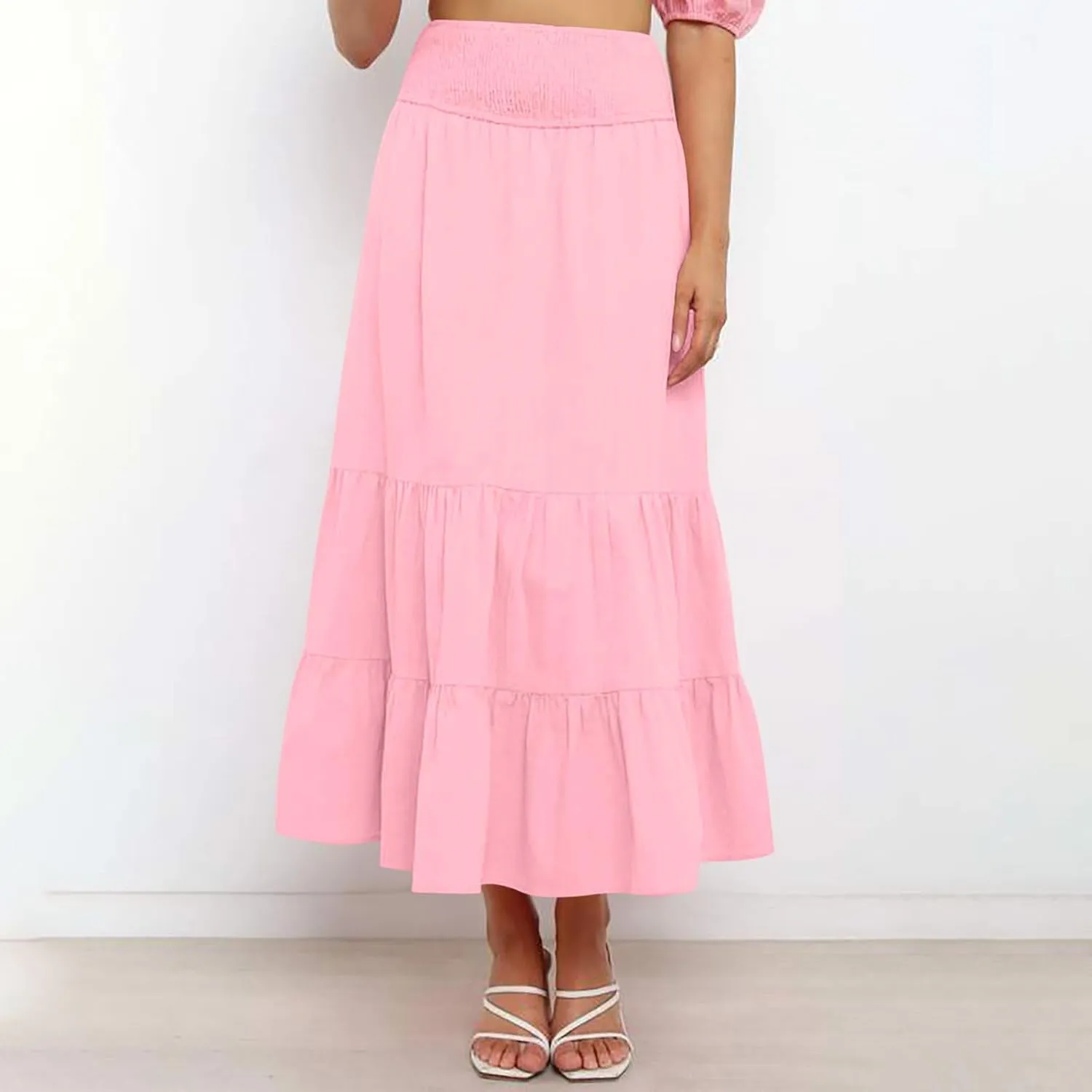 Womens Long Maxi Skirts 2025 Trendy Flowy Swing Tiered A-Line Skirt Summer Elastic High Waist Solid Boho Beach Outfit