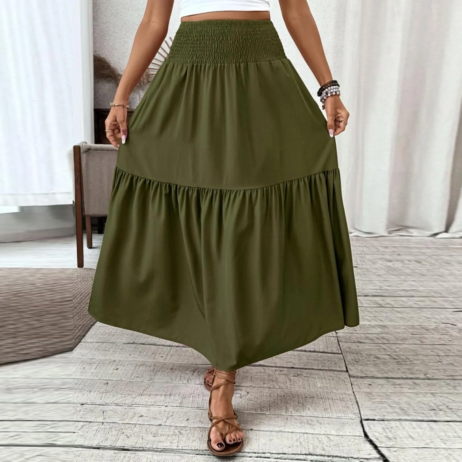 Women's Long Skirts Boho Swing Solid Stretch High Waist Tiered A-Line Maxi Skirt with Pockets, S-XL