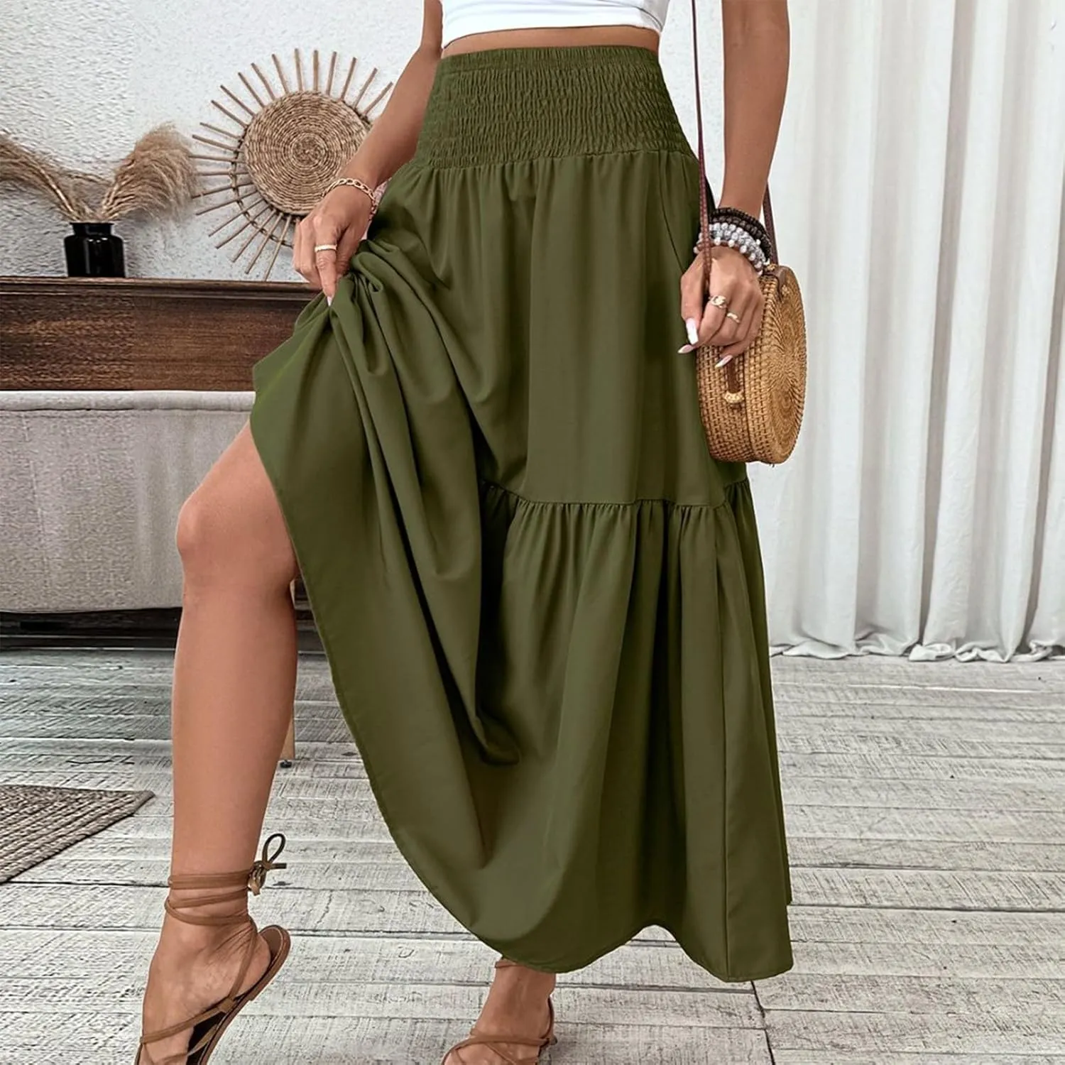 Women's Long Skirts Boho Swing Solid Stretch High Waist Tiered A-Line Maxi Skirt with Pockets, S-XL