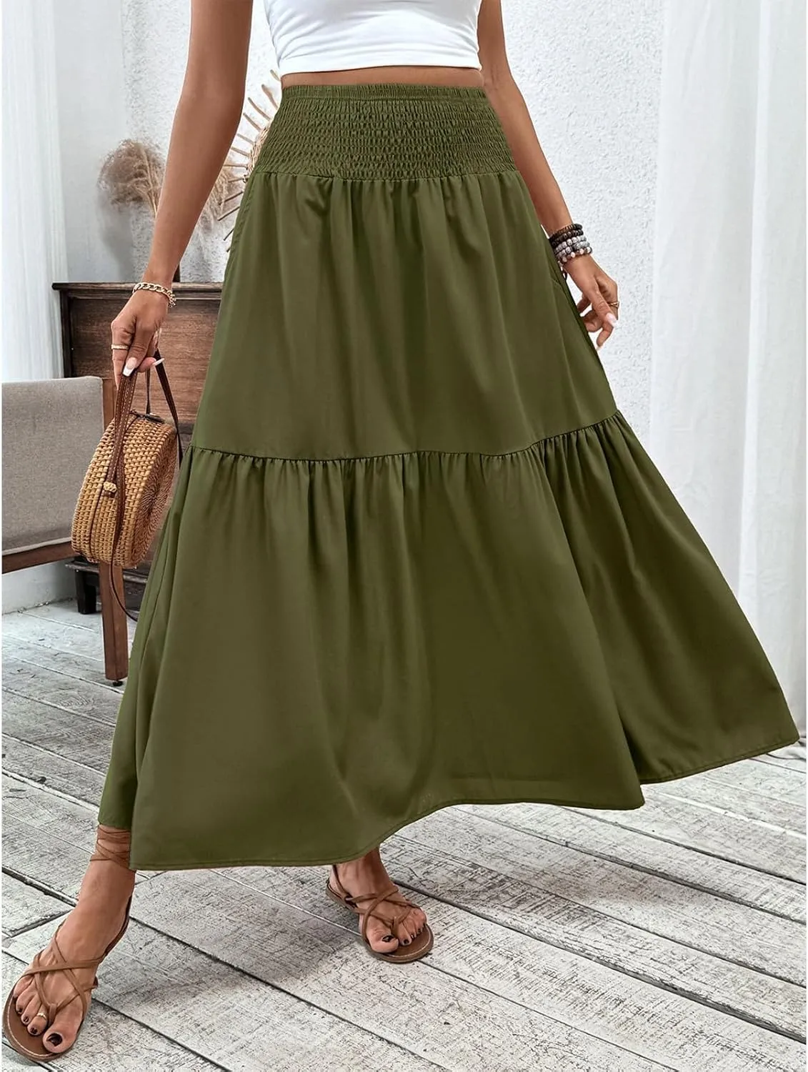 Women's Long Skirts Boho Swing Solid Stretch High Waist Tiered A-Line Maxi Skirt with Pockets, S-XL