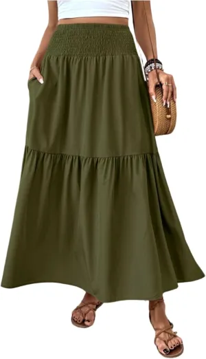 Women's Long Skirts Boho Swing Solid Stretch High Waist Tiered A-Line Maxi Skirt with Pockets, S-XL