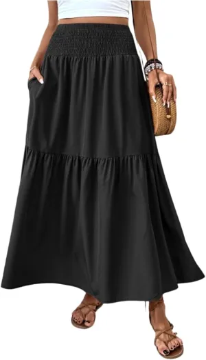 Women's Long Skirts Boho Swing Solid Stretch High Waist Tiered A-Line Maxi Skirt with Pockets, S-XL