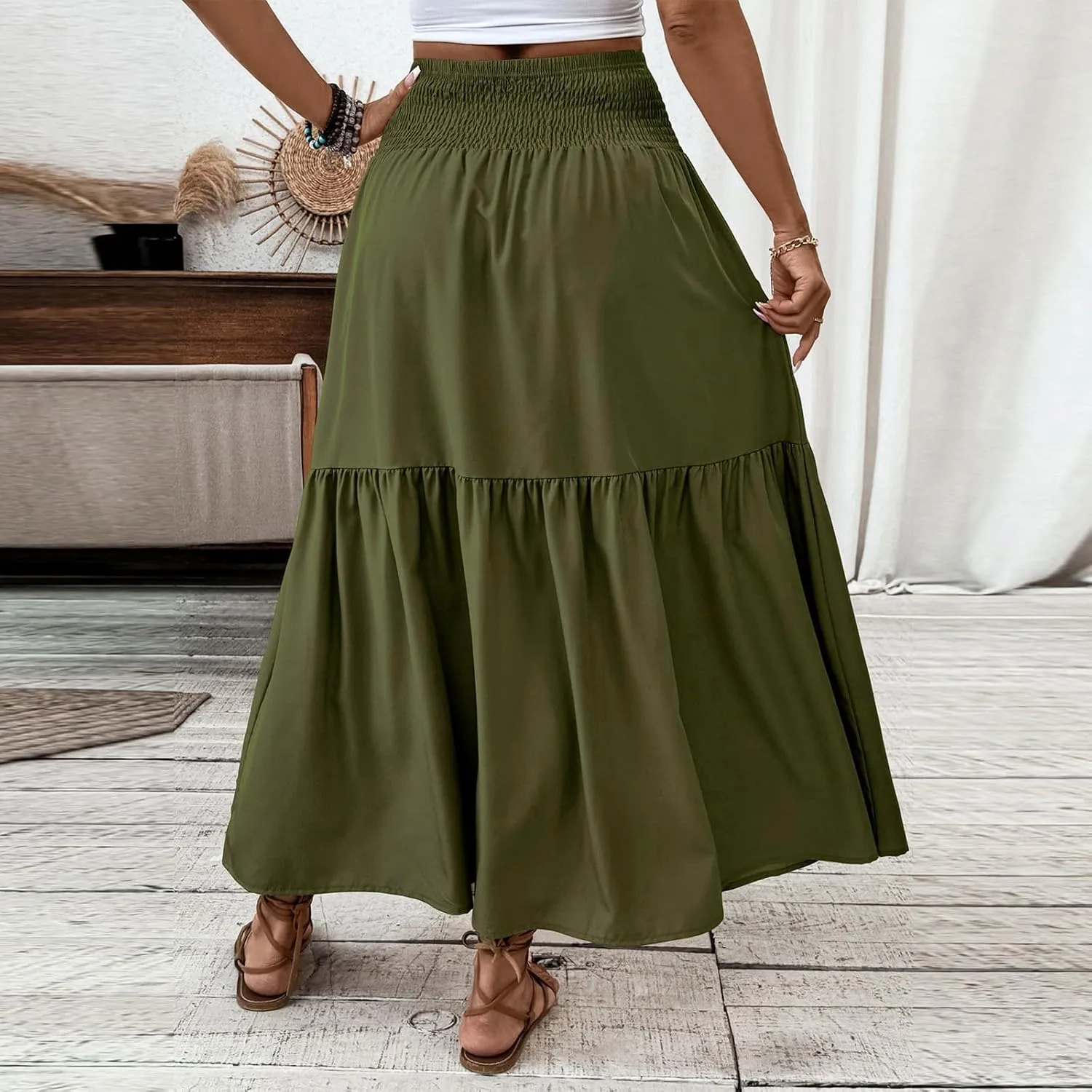 Women's Long Skirts Boho Swing Solid Stretch High Waist Tiered A-Line Maxi Skirt with Pockets, S-XL