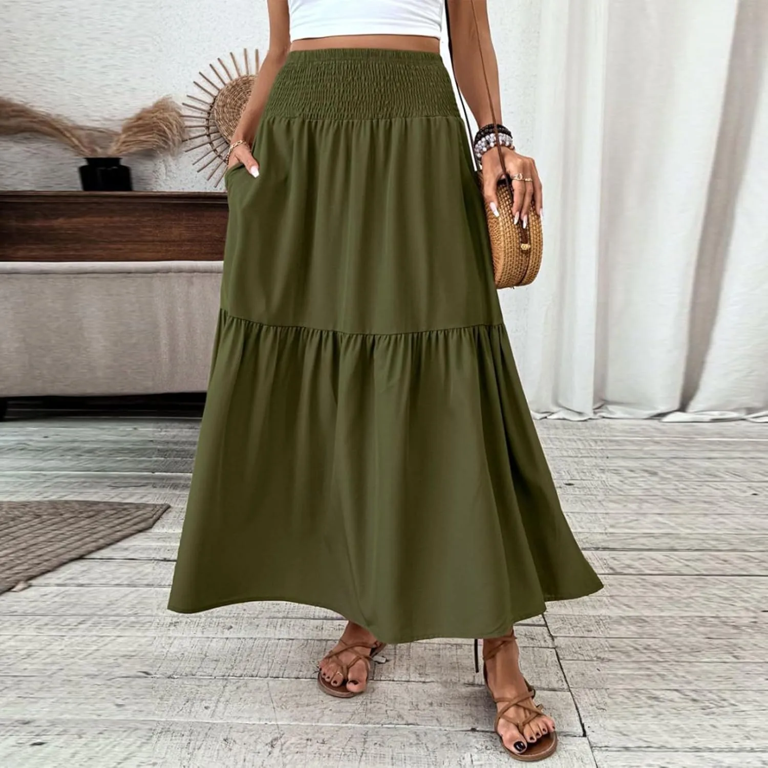 Women's Long Skirts Boho Swing Solid Stretch High Waist Tiered A-Line Maxi Skirt with Pockets, S-XL