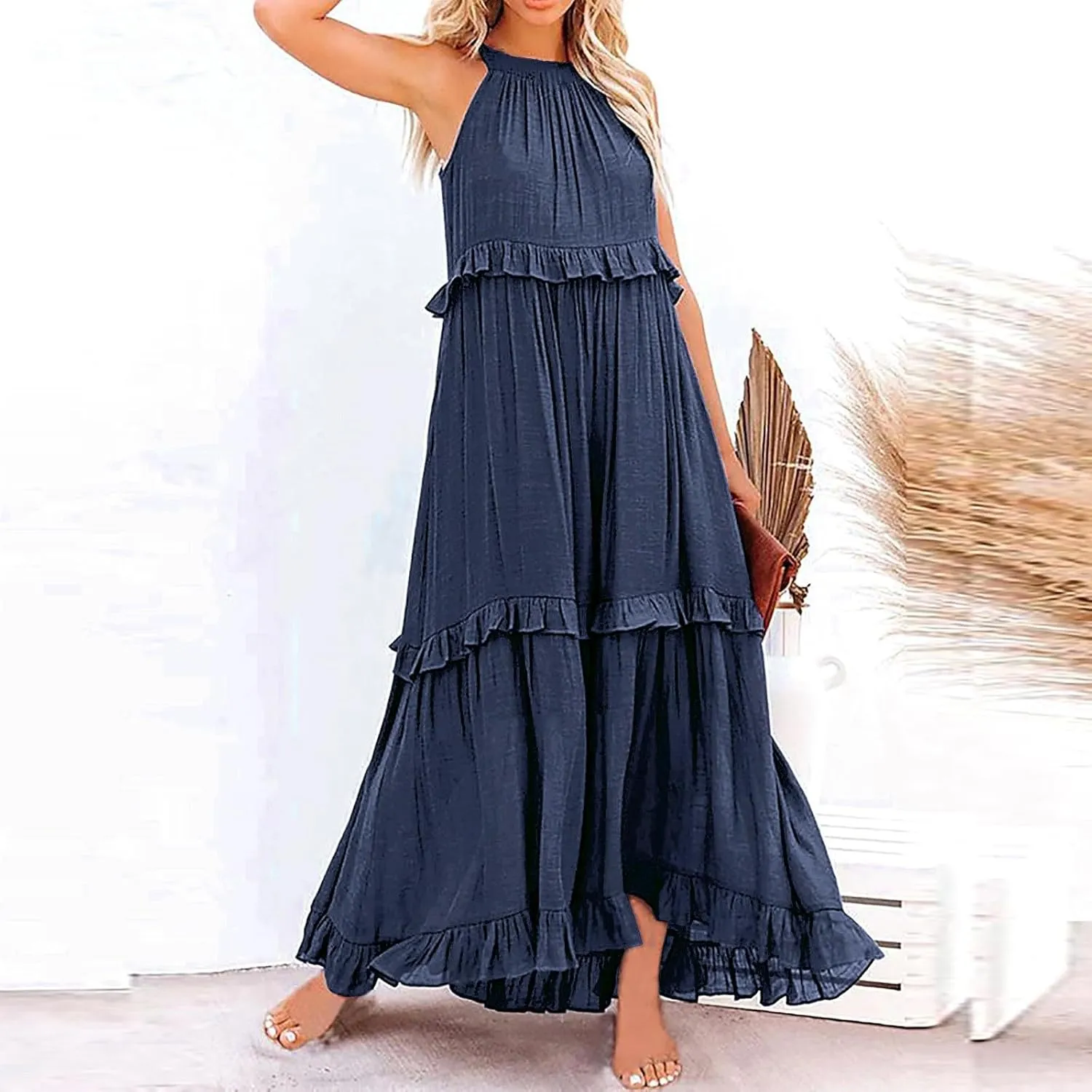 Women's Maxi Dress 2025 Summer Halter Sleeveless Ruffle Tiered Casual Loose Sundress Swing Boho Beach Party Long Dress