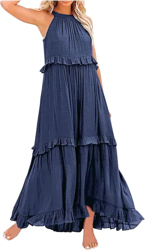 Women's Maxi Dress 2025 Summer Halter Sleeveless Ruffle Tiered Casual Loose Sundress Swing Boho Beach Party Long Dress