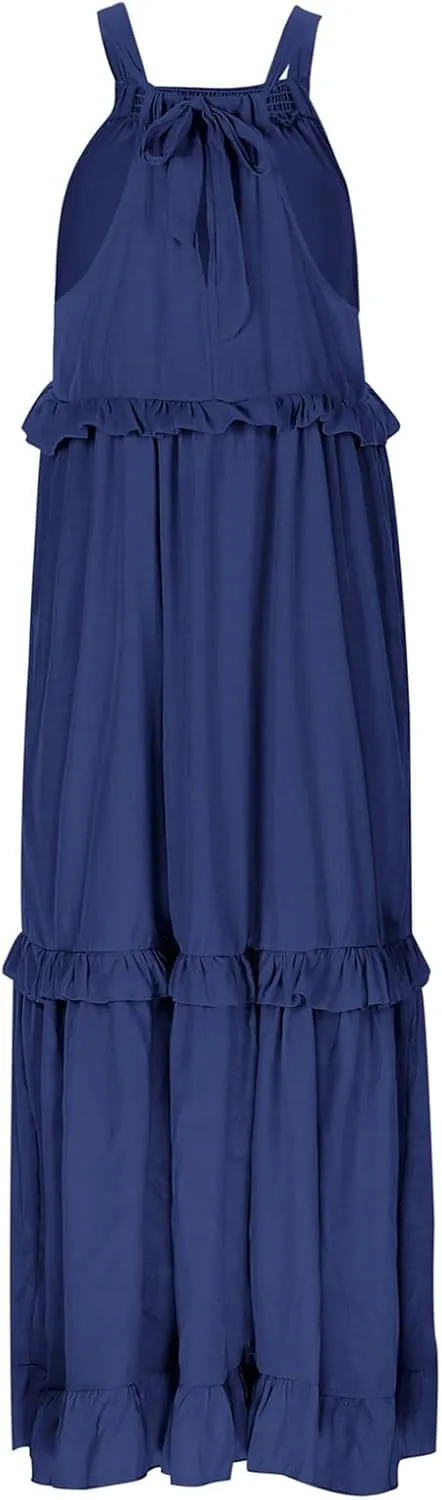Women's Maxi Dress 2025 Summer Halter Sleeveless Ruffle Tiered Casual Loose Sundress Swing Boho Beach Party Long Dress