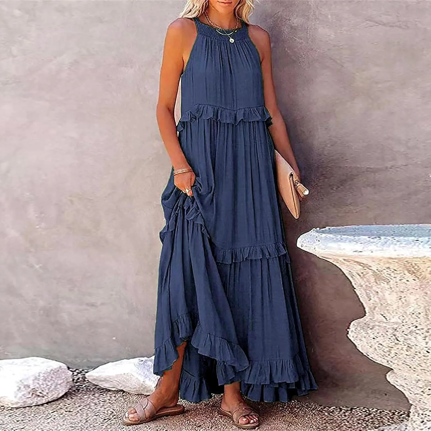 Women's Maxi Dress 2025 Summer Halter Sleeveless Ruffle Tiered Casual Loose Sundress Swing Boho Beach Party Long Dress
