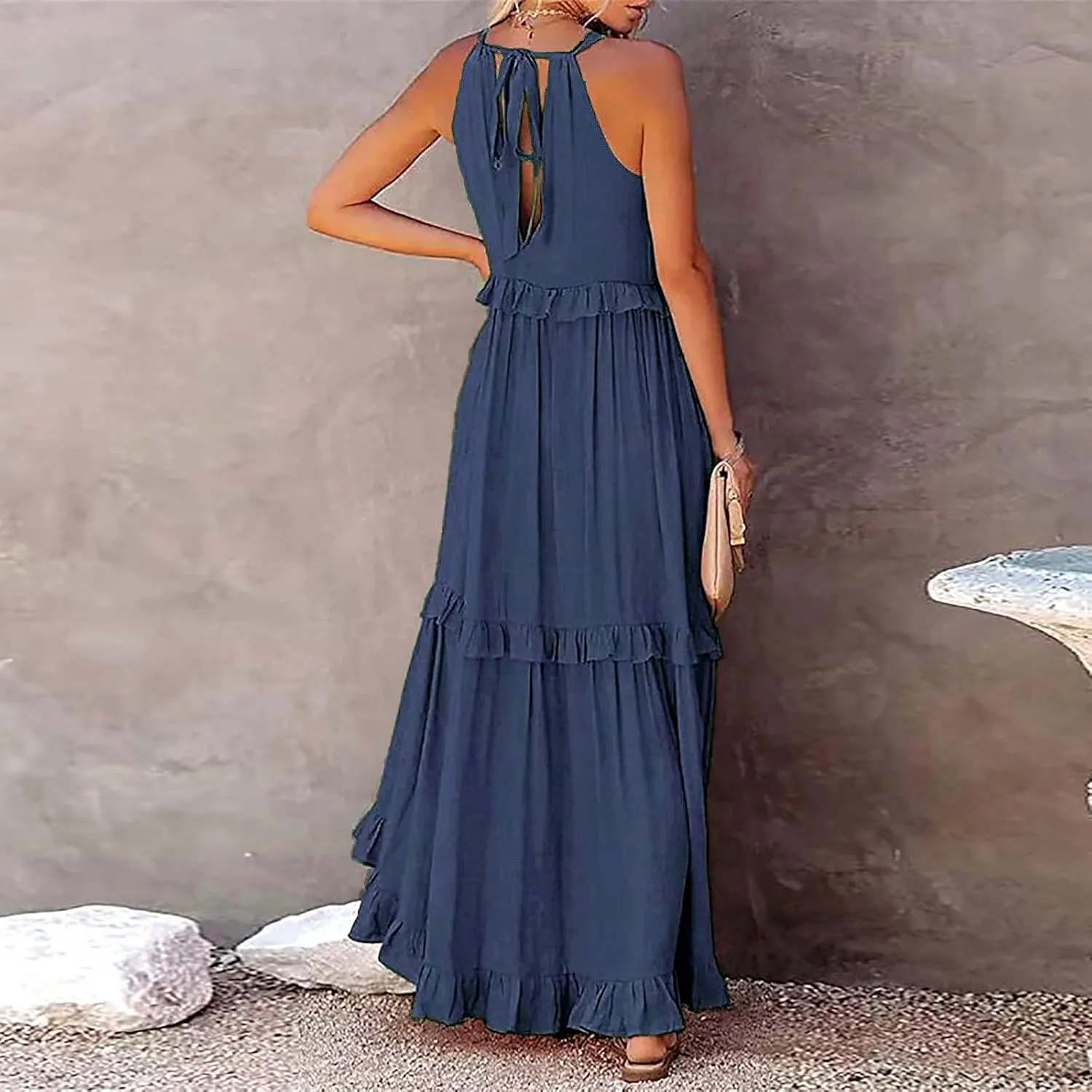 Women's Maxi Dress 2025 Summer Halter Sleeveless Ruffle Tiered Casual Loose Sundress Swing Boho Beach Party Long Dress