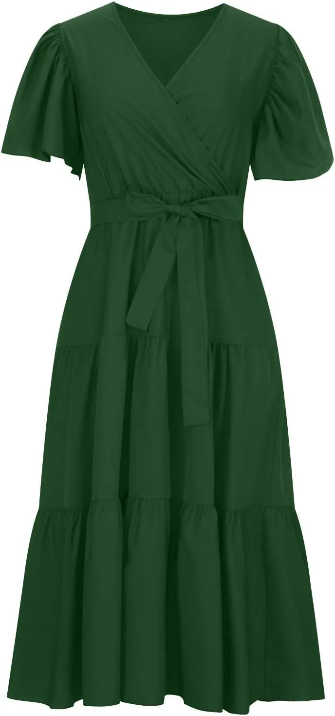 Women's Maxi Dress Summer Casual Loose Solid Color Dress 2024 Swing Waist V-Neck Short Sleeve Maxi Dresses, S-2XL