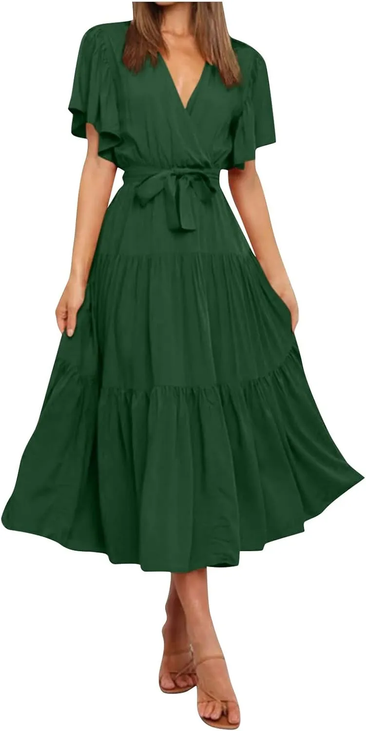 Women's Maxi Dress Summer Casual Loose Solid Color Dress 2024 Swing Waist V-Neck Short Sleeve Maxi Dresses, S-2XL