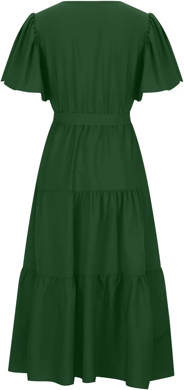 Women's Maxi Dress Summer Casual Loose Solid Color Dress 2024 Swing Waist V-Neck Short Sleeve Maxi Dresses, S-2XL