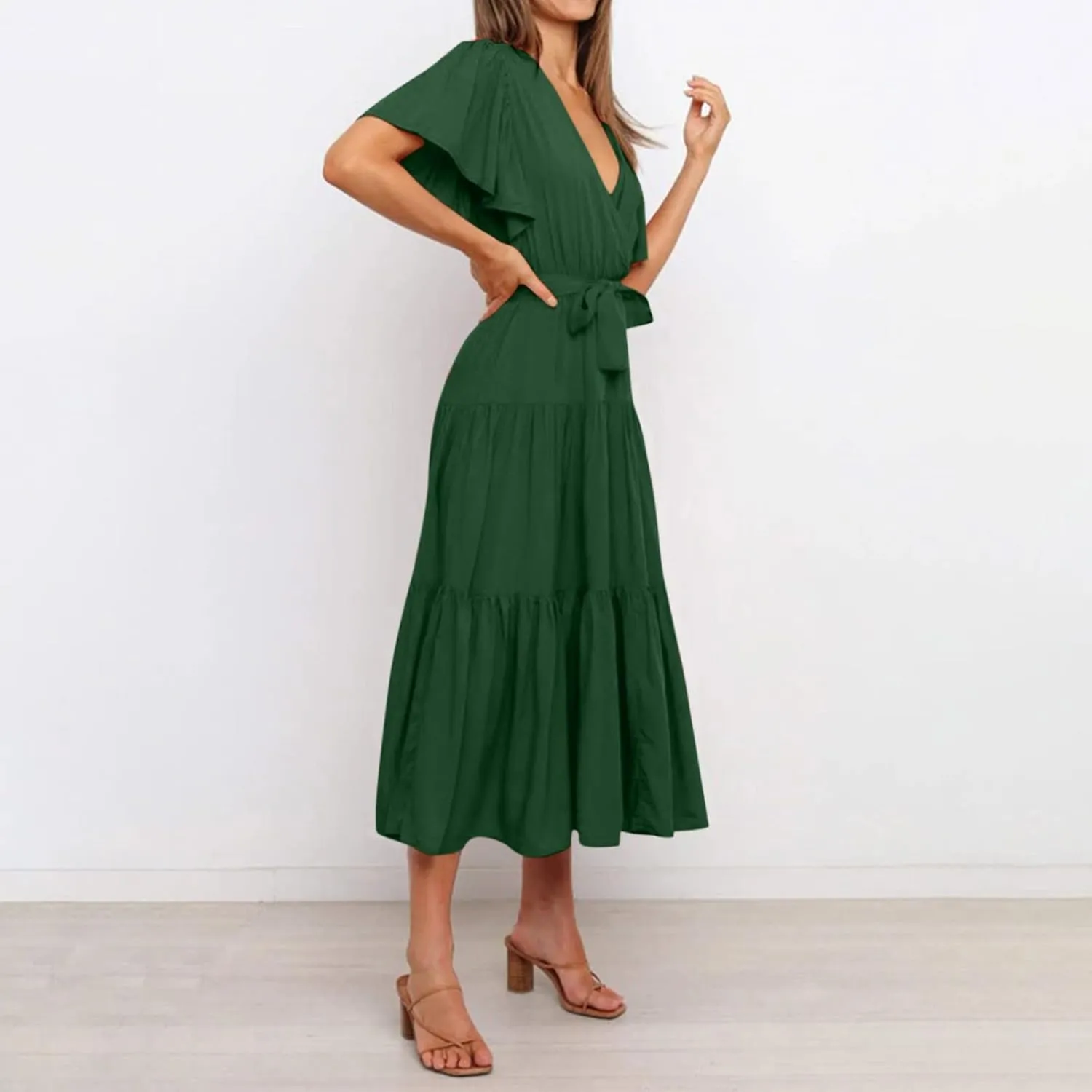 Women's Maxi Dress Summer Casual Loose Solid Color Dress 2024 Swing Waist V-Neck Short Sleeve Maxi Dresses, S-2XL