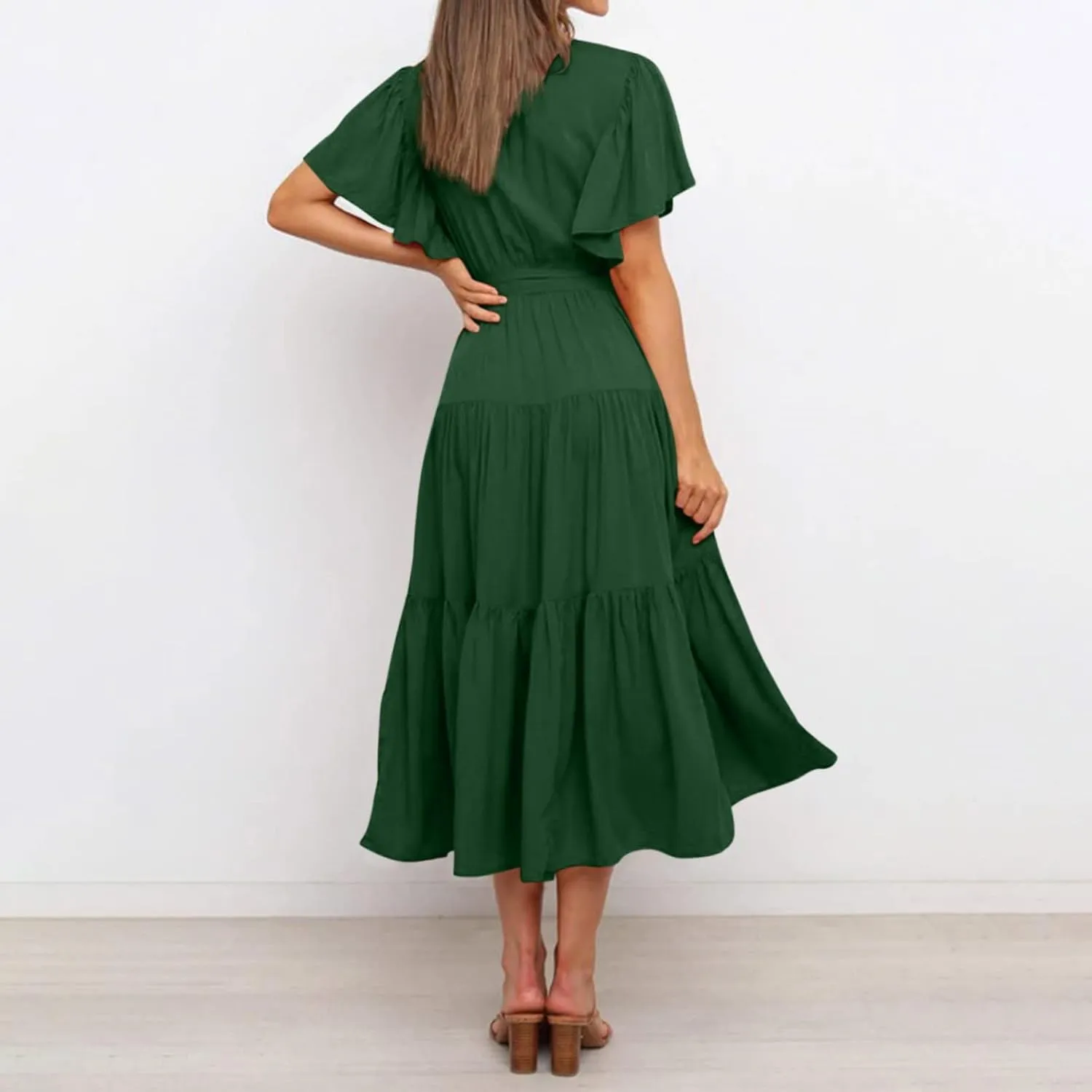 Women's Maxi Dress Summer Casual Loose Solid Color Dress 2024 Swing Waist V-Neck Short Sleeve Maxi Dresses, S-2XL