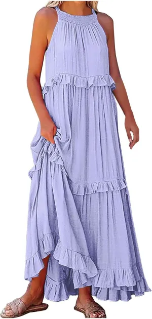 Women's Maxi Dress Summer Casual Loose Swing Dresses Boho Smocked Ruffle Sundress Halter Sleeveless Tiered Beach Dress
