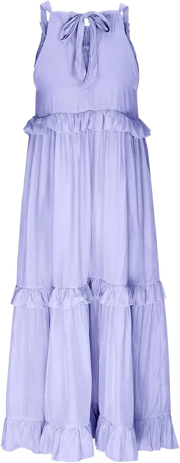 Women's Maxi Dress Summer Casual Loose Swing Dresses Boho Smocked Ruffle Sundress Halter Sleeveless Tiered Beach Dress