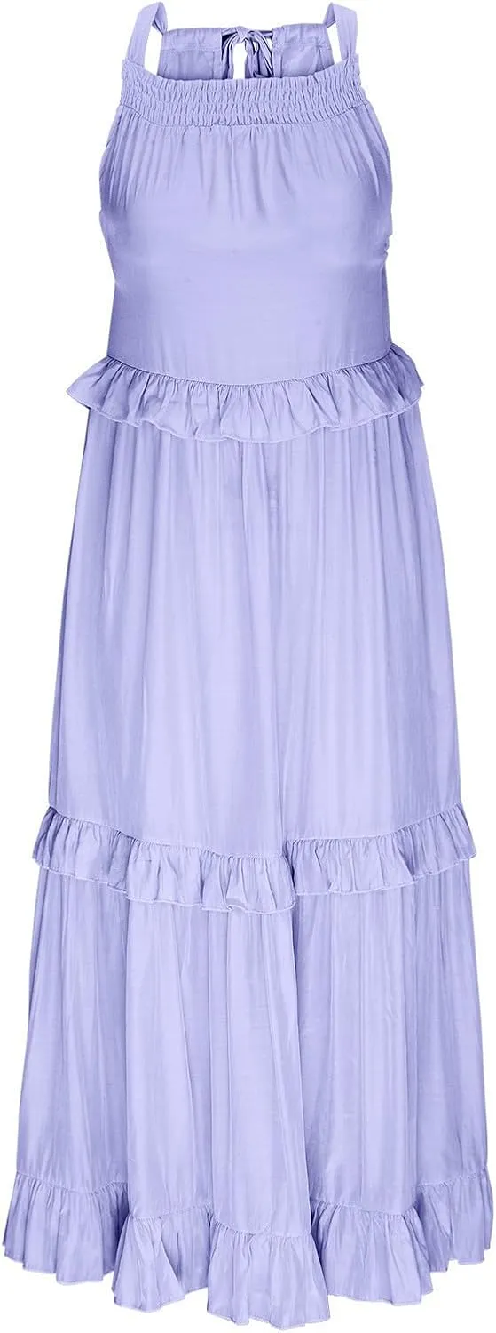 Women's Maxi Dress Summer Casual Loose Swing Dresses Boho Smocked Ruffle Sundress Halter Sleeveless Tiered Beach Dress