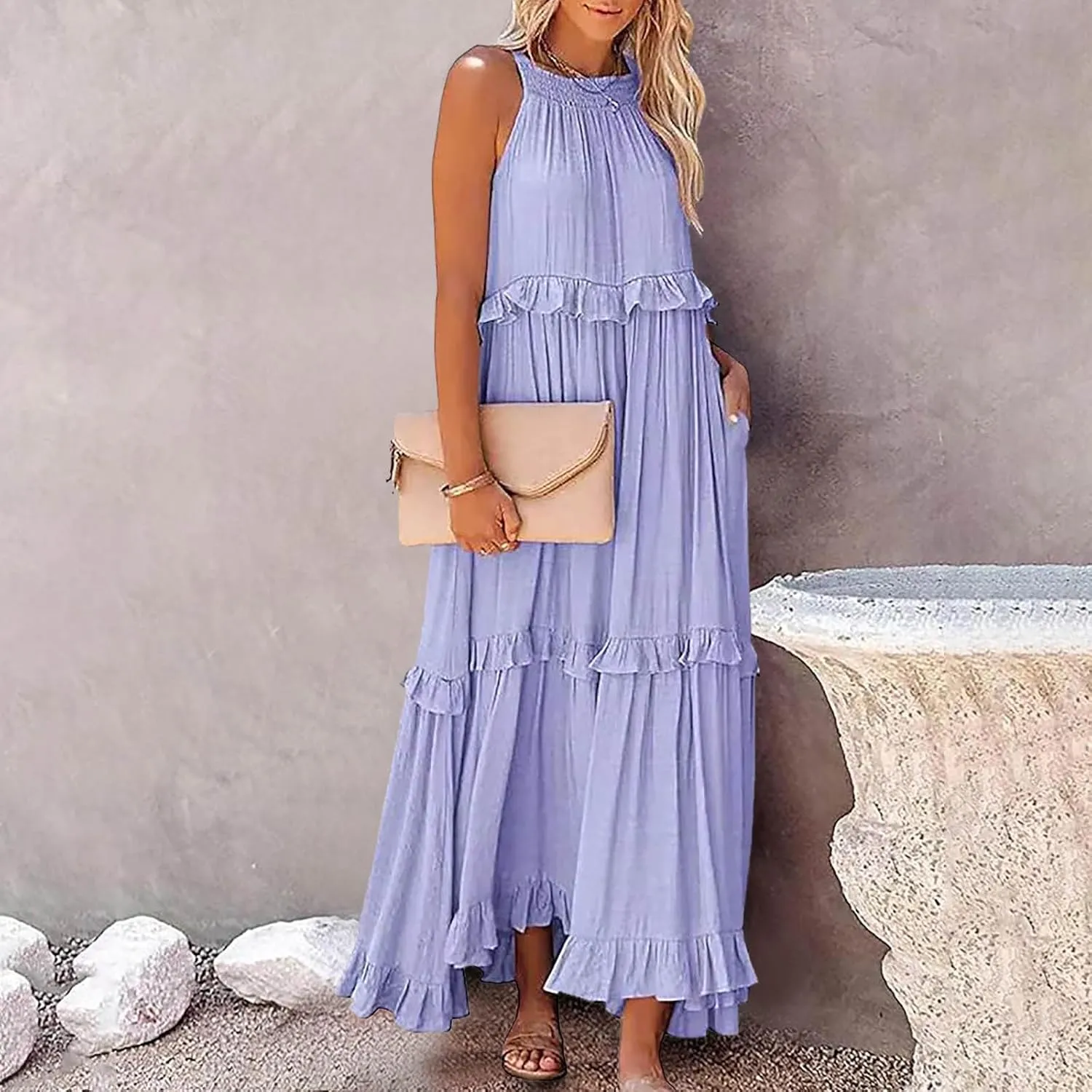Women's Maxi Dress Summer Casual Loose Swing Dresses Boho Smocked Ruffle Sundress Halter Sleeveless Tiered Beach Dress