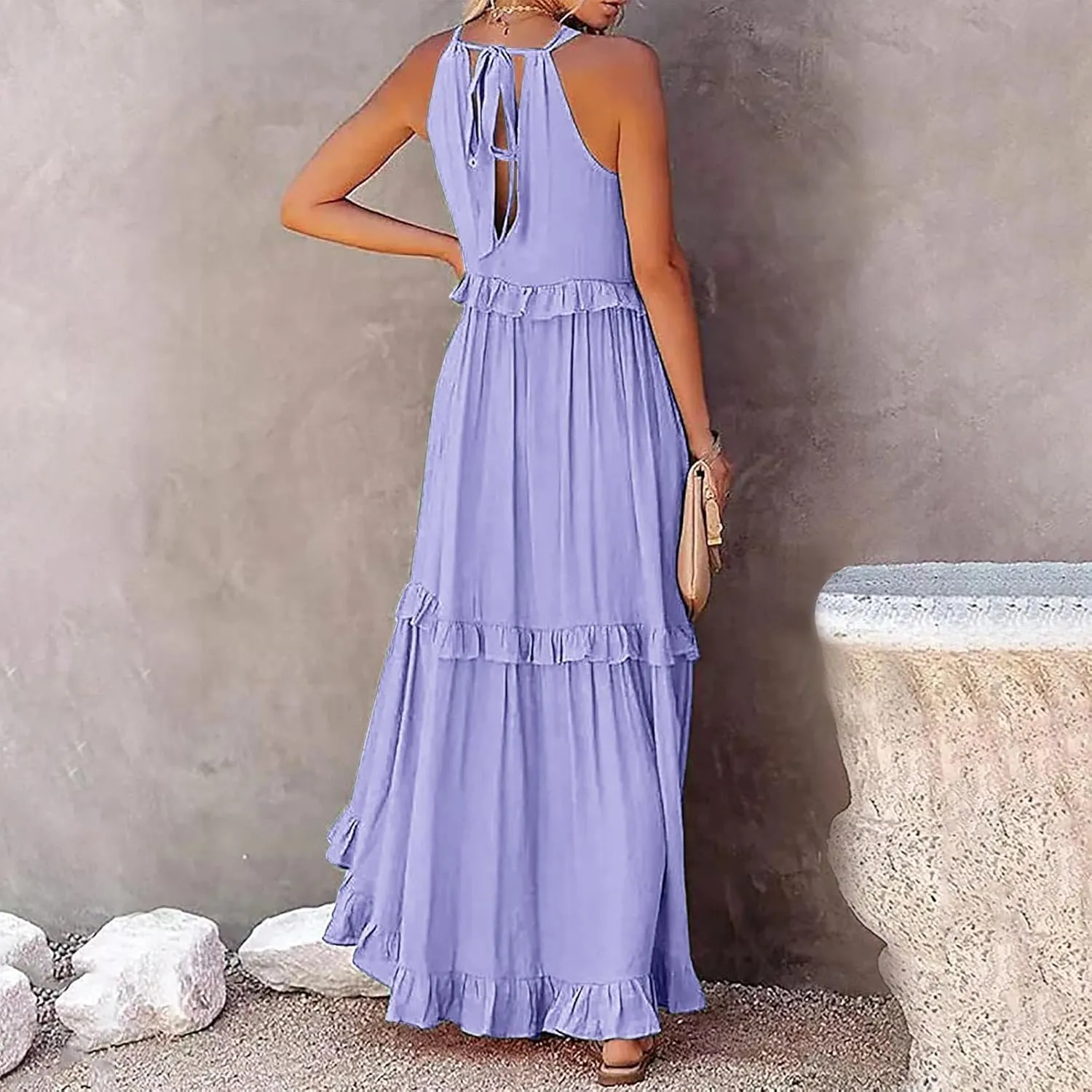 Women's Maxi Dress Summer Casual Loose Swing Dresses Boho Smocked Ruffle Sundress Halter Sleeveless Tiered Beach Dress
