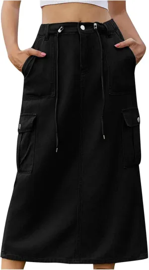 Women's Maxi Long Denim Skirts High Waist Split A line Flare Jean Skirt Y2k Cargo Casual Jean Skirts with Pockets