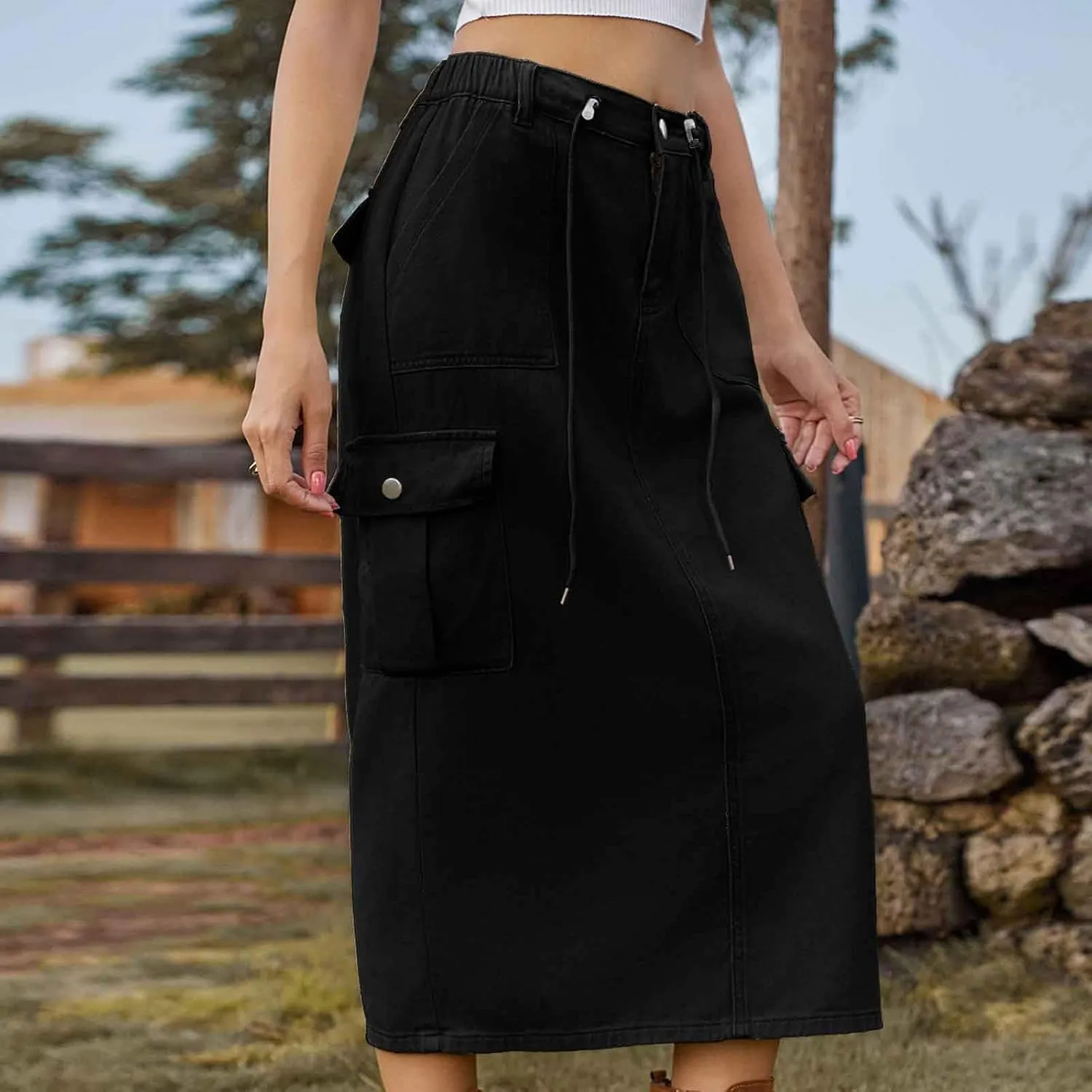 Women's Maxi Long Denim Skirts High Waist Split A line Flare Jean Skirt Y2k Cargo Casual Jean Skirts with Pockets