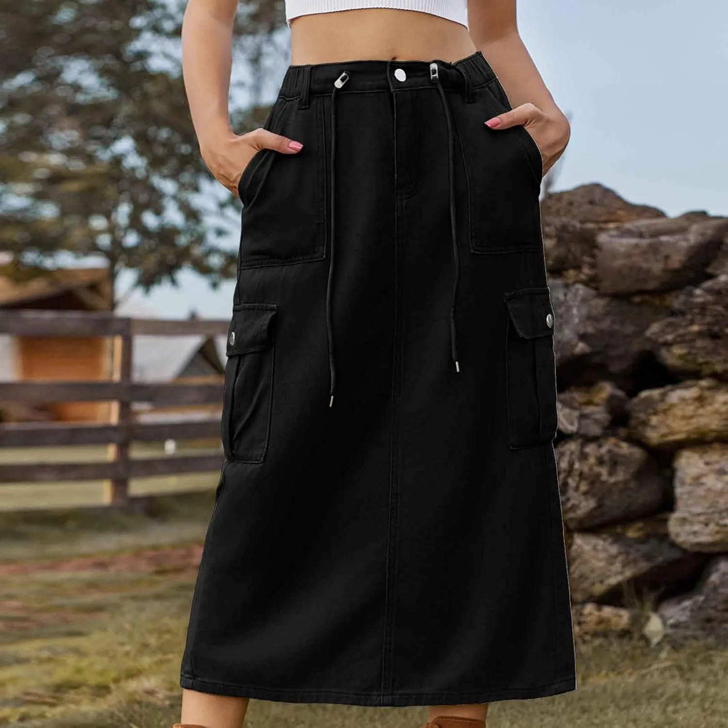 Women's Maxi Long Denim Skirts High Waist Split A line Flare Jean Skirt Y2k Cargo Casual Jean Skirts with Pockets