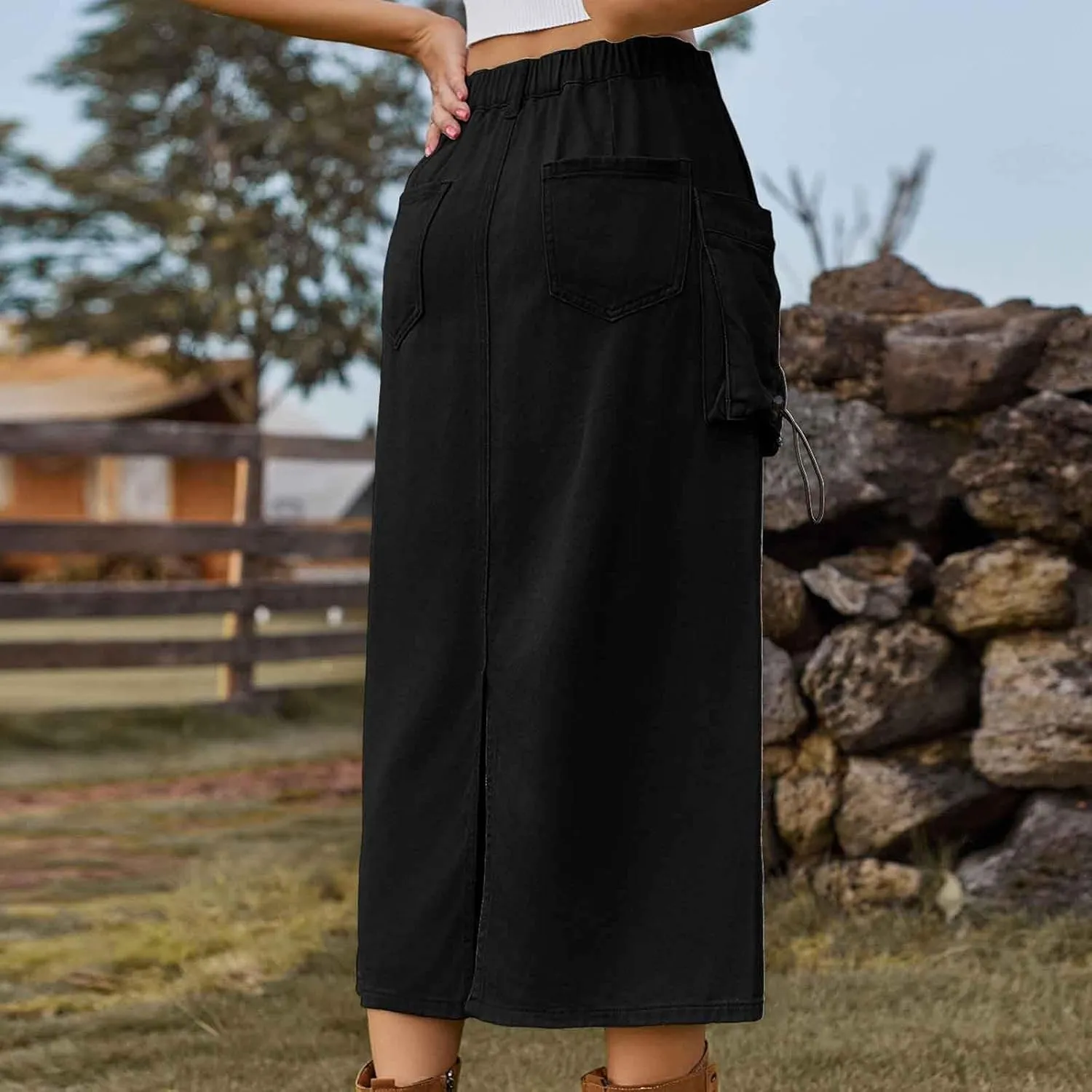 Women's Maxi Long Denim Skirts High Waist Split A line Flare Jean Skirt Y2k Cargo Casual Jean Skirts with Pockets