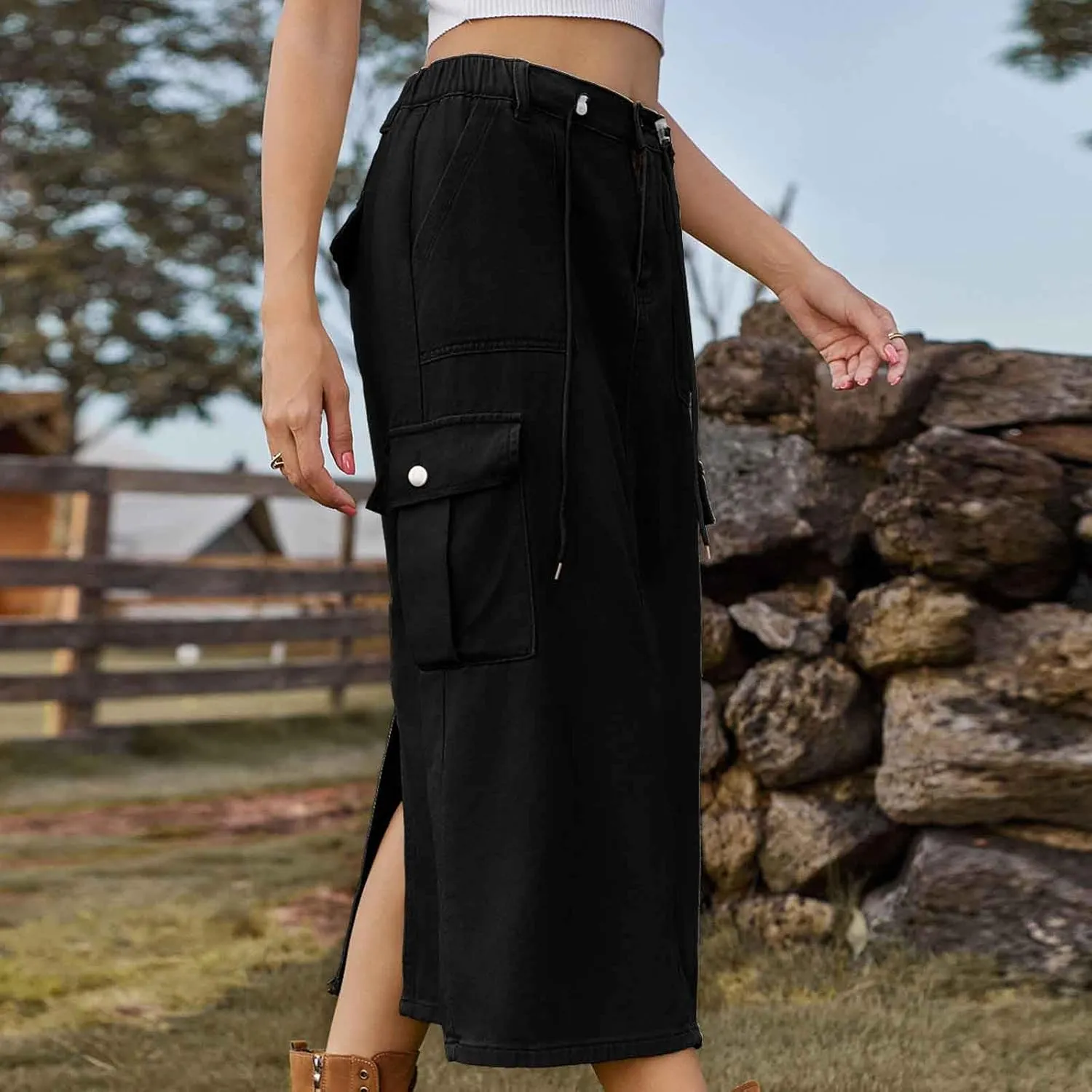 Women's Maxi Long Denim Skirts High Waist Split A line Flare Jean Skirt Y2k Cargo Casual Jean Skirts with Pockets