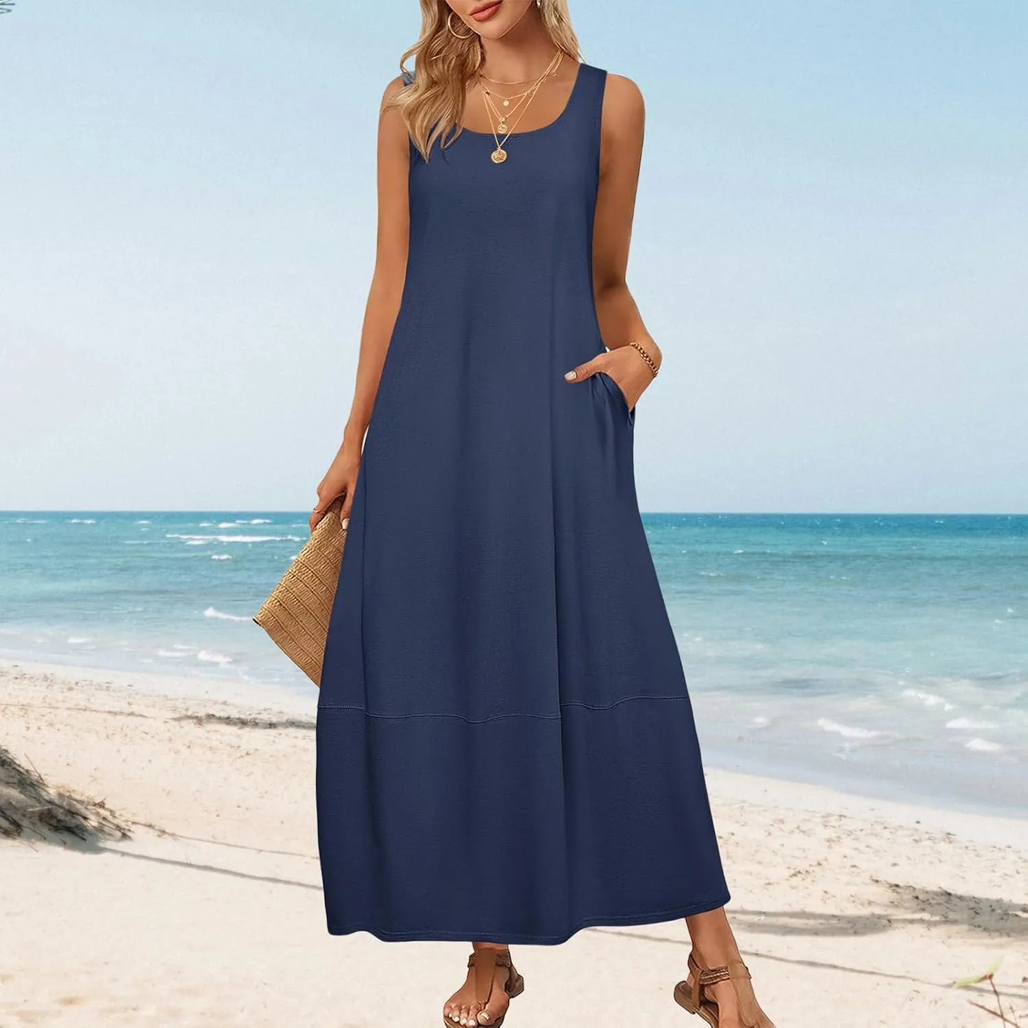 Womens Maxi Sundress Summer Casual Sleeveless Scoop Neck Loose Tank Dress Fashion Dressy Beach Dress with Pockets