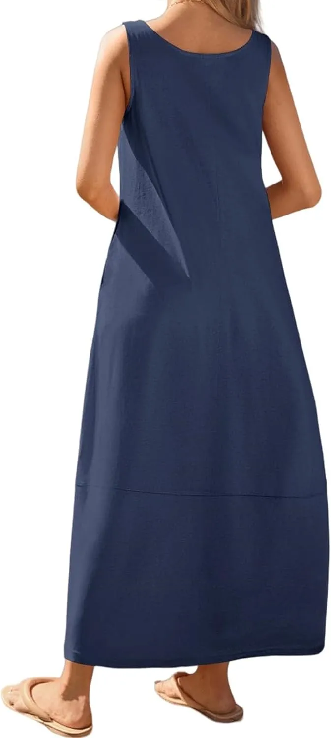 Womens Maxi Sundress Summer Casual Sleeveless Scoop Neck Loose Tank Dress Fashion Dressy Beach Dress with Pockets